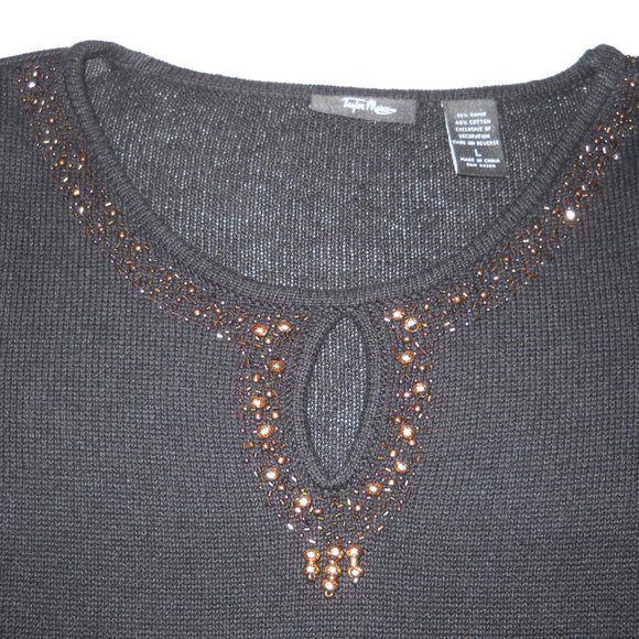 WOMENS TINA MARCUS DECORATED BLACK KNIT TOP LARGE - Picture 2 of 3